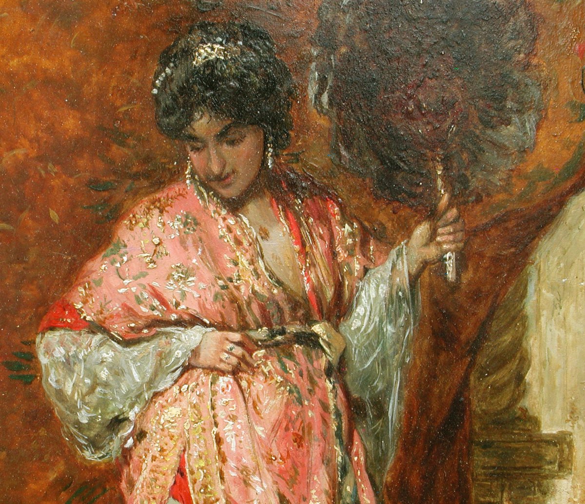 Francisco Miralles   "oriental Woman With Parrot" Oil On Panel 32x23-photo-1